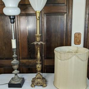 Photo of Premier Colonial Brass and Milk Glass Table Lamp