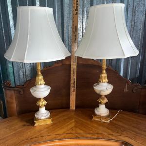 Photo of Pair of Tall Marble Gesso style lamps