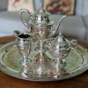Photo of 4 pc Castleton by International Silver Company Waiter tray, tea pot, cream and s