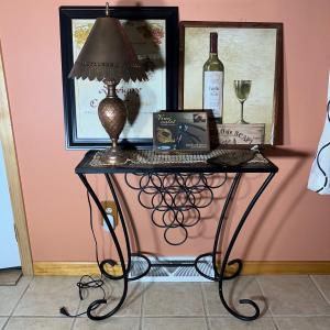 Photo of LOT 342K: Decorative Wine Rack/Table w/ Wine Themed Decor, Corkscrew & Lamp