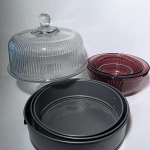 Photo of LOT 327L: Glass Cake Stand w/ Cloche, Spring Form Cake Pans & Pink Glass Pyrex M