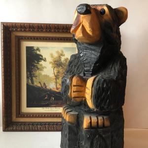 Photo of LOT 315U: Carved Wooden Bear w/ Marble Eyes & Framed Albert Bierstadt (American,