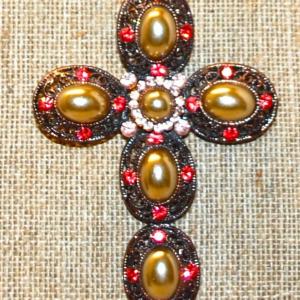 Photo of Large Antique Style Cross PENDANT (3" x 2¼" ) with Half Pearls & Orange and Cle
