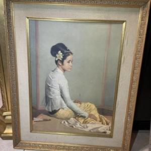 Photo of Vintage Mid-Century Young Asian Girl Print on Board in a Wooden Frame Size 25.5"