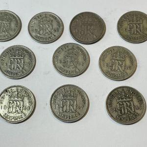 Photo of 10 Different Date Great Britain Silver 6-Pence Circulated Condition Coins. Dated
