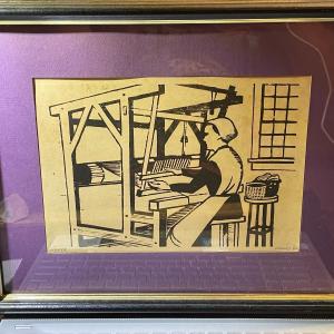 Photo of "Weaver" Signed by Constantine Kermes 1960 Woodblock Art Print 11x14" Framed as 