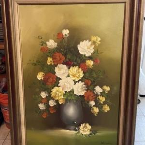 Photo of Mid-Century Flower Still Oil on Canvas Signed by "Mueller" Frame Size 32" x 44" 