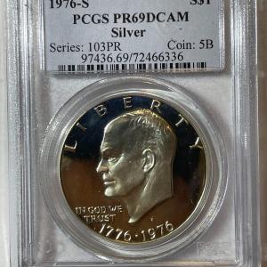 Photo of PCGS CERTIFIED 1976-S PROOF69 DEEP CAMEO SILVER EISENHOWER DOLLAR AS PICTURED.