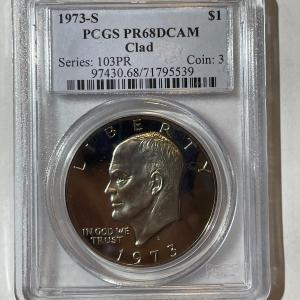 Photo of PCGS CERTIFIED 1973-S PROOF68 DEEP CAMEO CLAD EISENHOWER DOLLAR AS PICTURED.