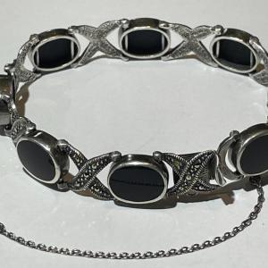 Photo of Vintage .925 Sterling Silver Onyx & Marcasite 7.5" Bracelet and 1/2" Wide 21.7 G