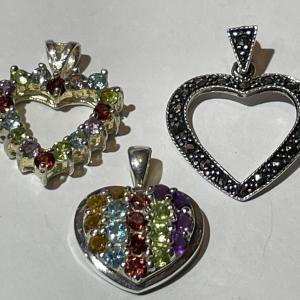 Photo of 3-Vintage Estate .925 Sterling Silver Heart Pendants in Very Good Preowned Condi