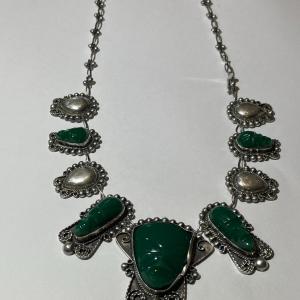Photo of Vintage Mexican/Mayan Sterling Silver .925 Green Onyx Carved Face Necklace 16" L