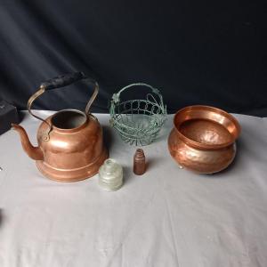 Photo of COPPER TEA KETTLE AND FOOTED BOWL, METAL BASKET & 2 OLD BOTTLES