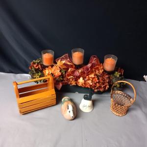 Photo of TRIPLE CANDLE FALL DECOR CENTERPIECE, WOOD & WICKER BASKETS, JOHNNY CASH BELL AN