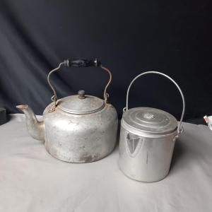 Photo of ALUMINUM KETTLE WITH WOOD HANDLE AND A COFFEE POT