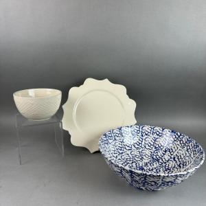Photo of K330 Large Blue and White Pottery Bowl with White Platter and Serving Dish