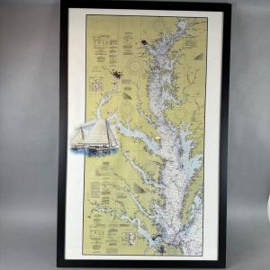 Photo of DR1333 Nautical Map of Chesapeake Bay Signed and Painted with Boat Scene