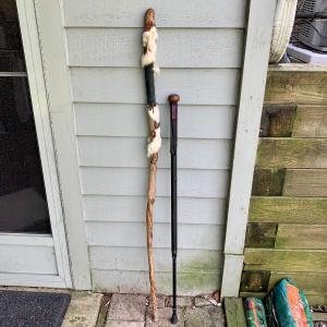 Photo of LOT 15 B: Hand Carved Wooden Walking Stick & Tracks by Cascade Designs Adjustabl