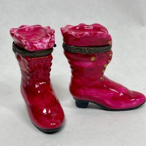 Photo of Vintage Pair of Hot Pink Trinket Boxes in the shape of Victorian Style Boots