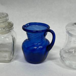 Photo of Lot of 3 small Glass Containers - a pitcher, a jelly jar, and a small canister c