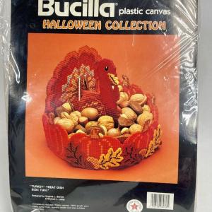 Photo of VBintage Bucilla Turkey Treat Dish Halloween Collection plastic canvas kit Thank