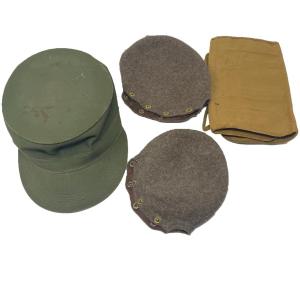Photo of WII German Military hat, two German canteen covers and a Roll Pouch