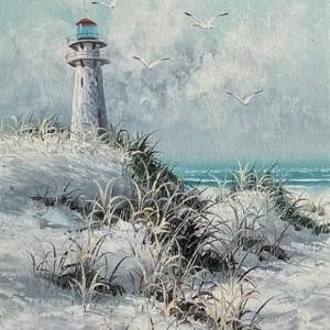 Photo of Signed Gordon Oil Painting A Lighthouse 24 x12