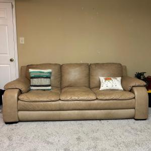 Photo of LOT 29B: Tan Leather Sofa w/ Throw Pillows