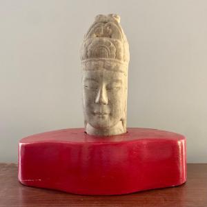 Photo of LOT 18 Z: Cement Asian Bust w/ Painted Teakwood Base