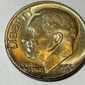 Photo of 1955-P BU ORIGINAL TONED ROOSEVELT SILVER DIME FOR THE TONED LOVERS.