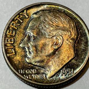Photo of 1951-P BU ORIGINAL TONED ROOSEVELT SILVER DIME FOR THE TONED LOVERS.