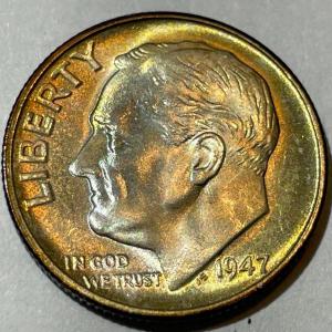 Photo of 1947-S BU ORIGINAL TONED ROOSEVELT SILVER DIME FOR THE TONED LOVERS.