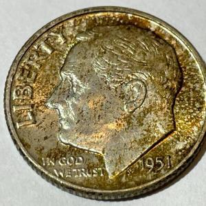 Photo of 1951-D BU ORIGINAL TONED ROOSEVELT SILVER DIME FOR THE TONED LOVERS.