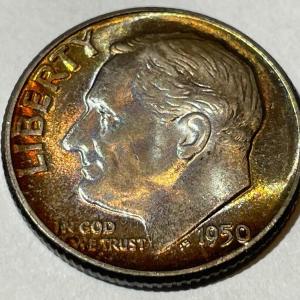 Photo of 1950-P BU ORIGINAL TONED ROOSEVELT SILVER DIME FOR THE TONED LOVERS.
