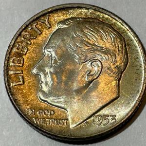 Photo of 1953-D BU ORIGINAL TONED ROOSEVELT SILVER DIME FOR THE TONED LOVERS.