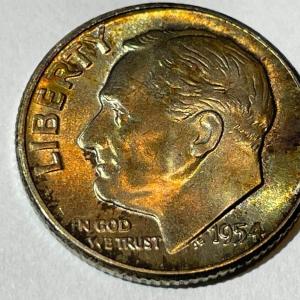 Photo of 1954-P BU ORIGINAL TONED ROOSEVELT SILVER DIME FOR THE TONED LOVERS.