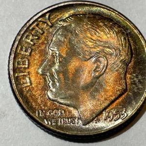 Photo of 1953-P BU ORIGINAL TONED ROOSEVELT SILVER DIME FOR THE TONED LOVERS.