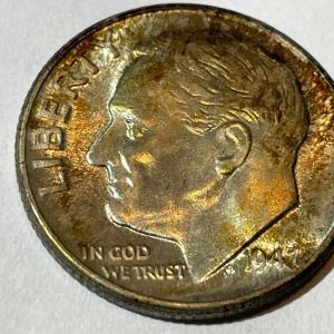 Photo of 1947-D BU ORIGINAL TONED ROOSEVELT SILVER DIME FOR THE TONED LOVERS.