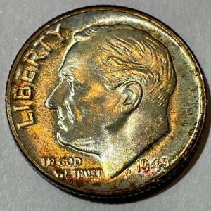 Photo of 1948-D BU ORIGINAL TONED ROOSEVELT SILVER DIME FOR THE TONED LOVERS.