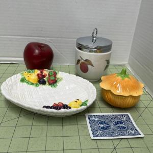 Photo of Ceramic Basket Weave Serving Dish, Faux Apple, & Canisters