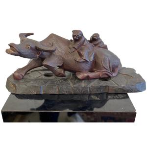 Photo of Antique Chinese Carved Wood Buffalo carrying two male Figurine