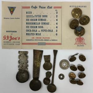 Photo of WW2 Military collectables (Café menu, Buttons, , Pins etc.)