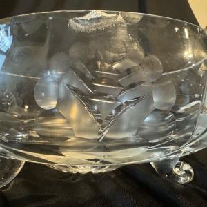 Photo of Vintage German Hand Cut Crystal, 3 Leg Bowl With Etched Floral Pattern