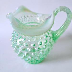 Photo of Green iridescent hobnail handled jug table decor Fenton glass with sticker, sauc