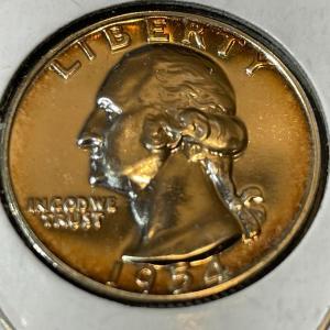 Photo of 1954-P PROOF LIGHTLY TONED WASHINGTON SILVER QUARTER AS PICTURED.