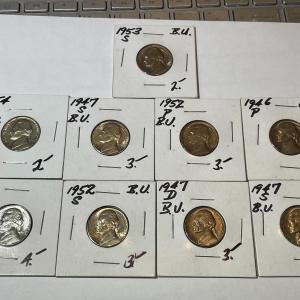 Photo of LOT OF 9 BRILLIANT UNCIRCULATED JEFFERSON NICKELS AS PICTURED.