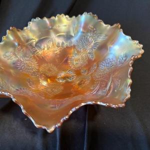 Photo of Fenton rare 1930s marigold 3 footed glass bowl carnival glass iridescent windmil