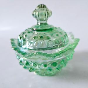 Photo of Fenton iridescent green hobnail detail small dish with sticker