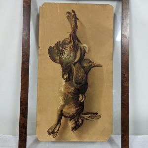 Photo of Antique 1890's Chromolithograph Hanging Game Rabbit and Pheasant Set in Clear Gl