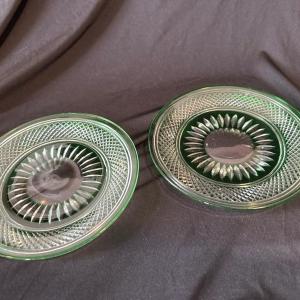Photo of Cut crystal plates (2) heavy leaded green glass Bohemian style,